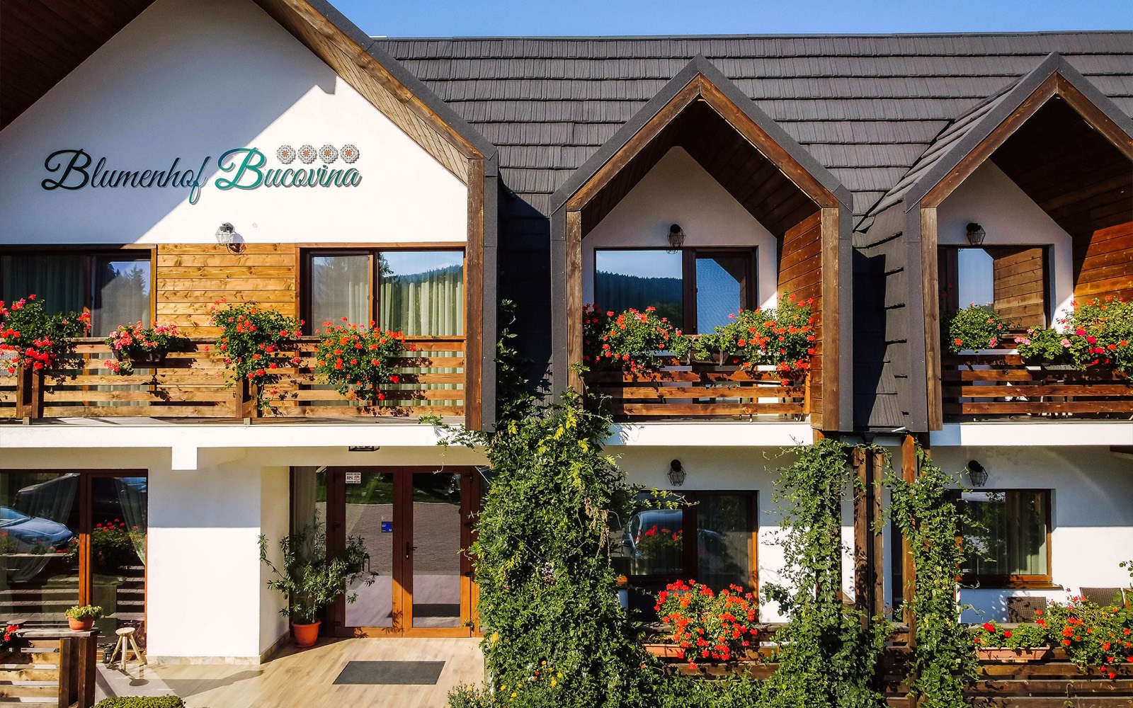 The Blumenhof Bucovina facade, geraniums on the balconies.